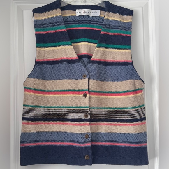 1990s Vintage First Issue Cardigan Sweater Vest 100% Cotton Blue Pink Tan Stripe - Picture 1 of 6
